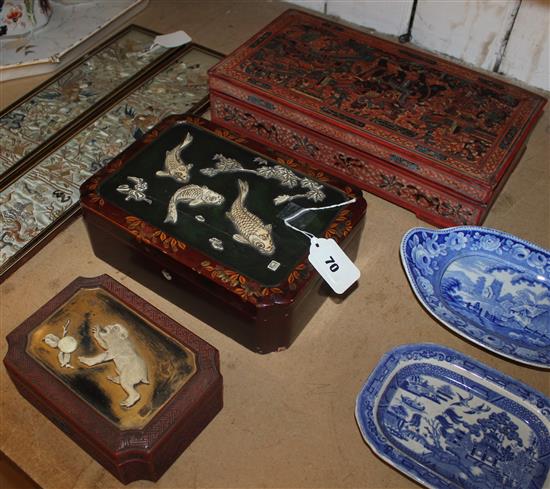 2 Japanese ivory-applied lacquered boxes (a.f), Indian painted box & pair Chinese embroidered sleeve panels, framed